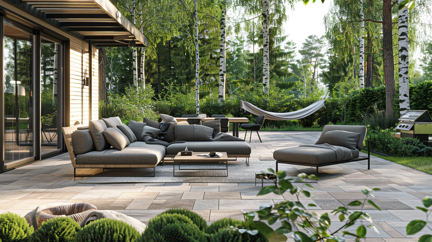 Harmaasävyiset moduulikomponentit ja riippukeinu luovat rennon oleskelualueen kesäpäiviin.